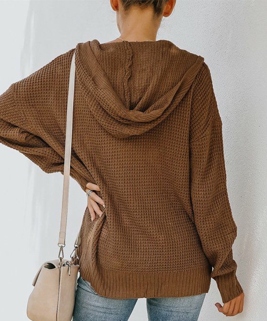 Women * | Cheap Izuria Brown Waffle-Knit Hooded Button-Front Sweater Women