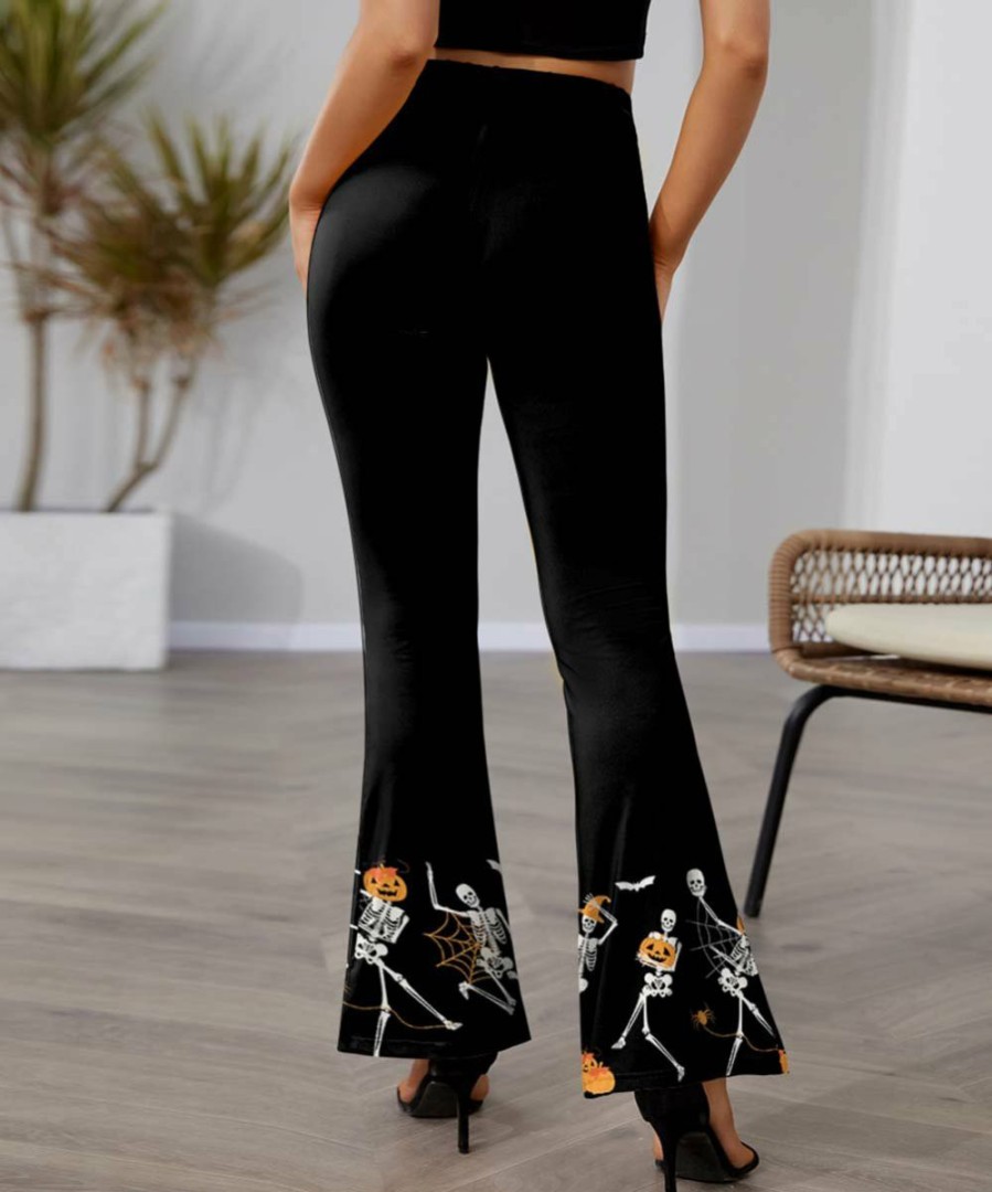 Women * | Best Sale Izuria Black & White Pumpkin Skeletons High-Waist Flare Pants Women