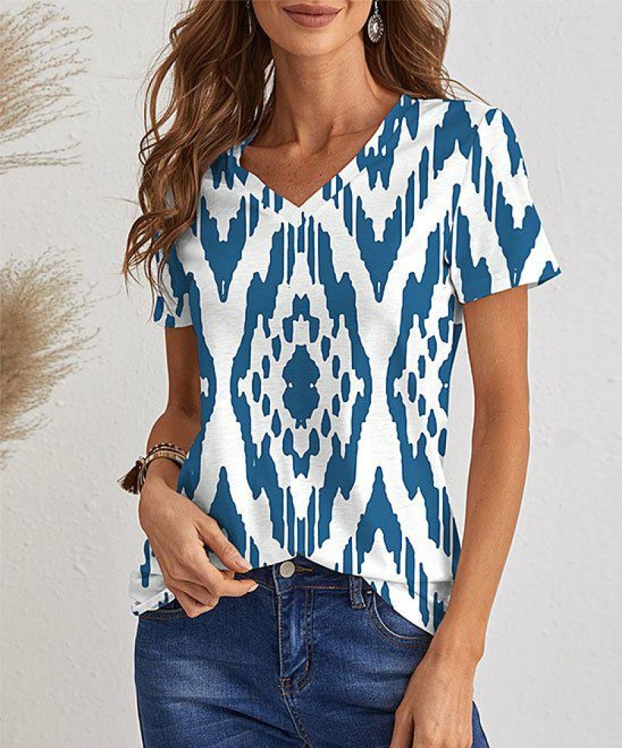 Womens Plus * | Promo Izuria White & Blue Abstract Geometric V-Neck Tee Women