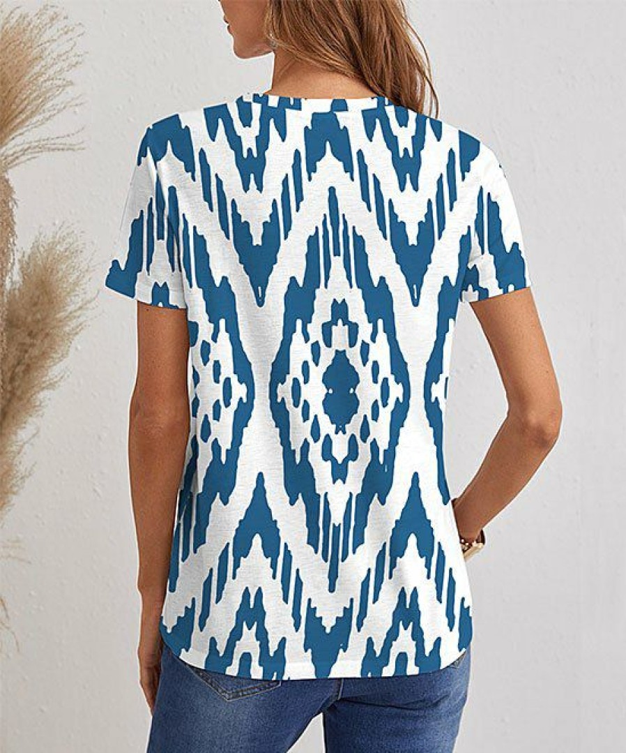 Womens Plus * | Promo Izuria White & Blue Abstract Geometric V-Neck Tee Women